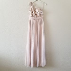 Amsale One Shoulder Sequin Mesh  Champagne Dress Gown Size 4